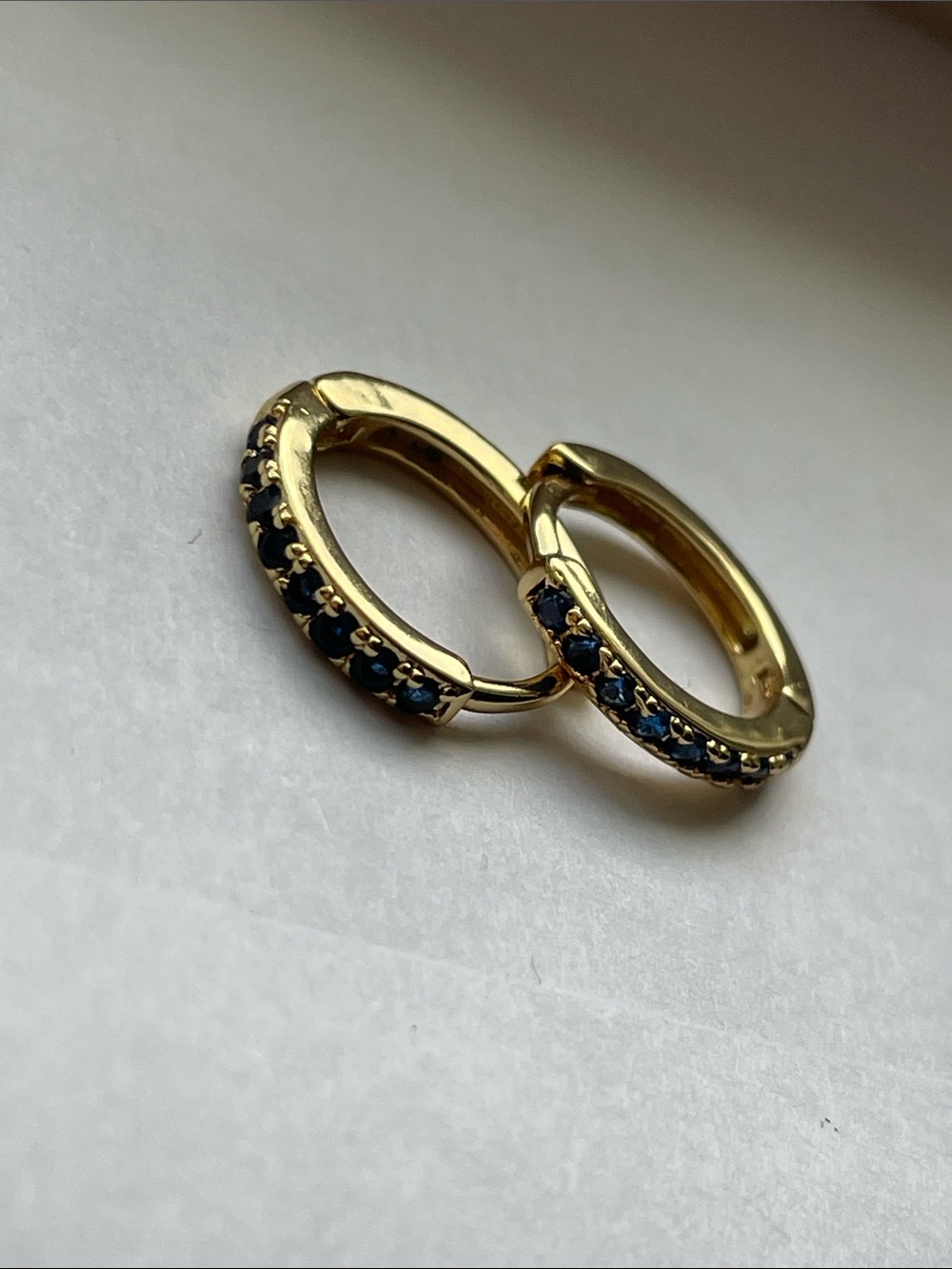 Gold Hoop Huggie Earrings with Blue Stones - Women Jewelry